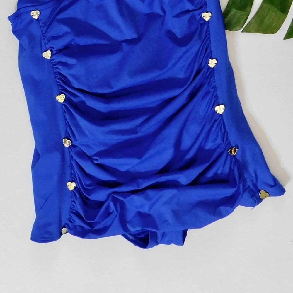 JUICY COUTURE Blue‎ Miss Divine Hearts Pinup One Piece Halter Swimsuit Large
